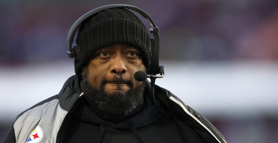 ORCHARD PARK, NEW YORK - JANUARY 15: Head coach Mike Tomlin of the Pittsburgh Steelers looks on during the first quarter against the Buffalo Bills at Highmark Stadium on January 15, 2024 in Orchard Park,