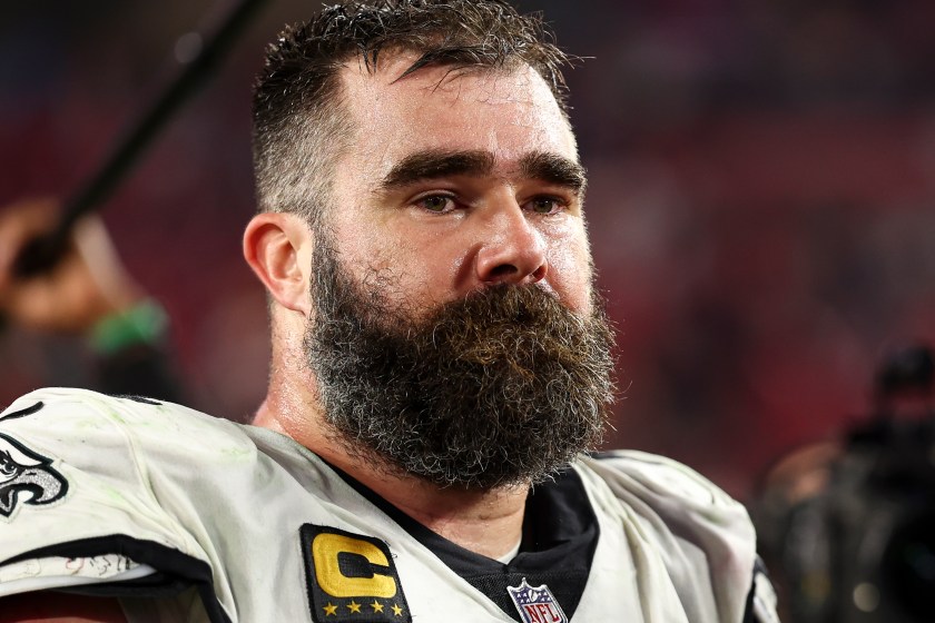 Jason Kelce looks on after losing a playoff game.