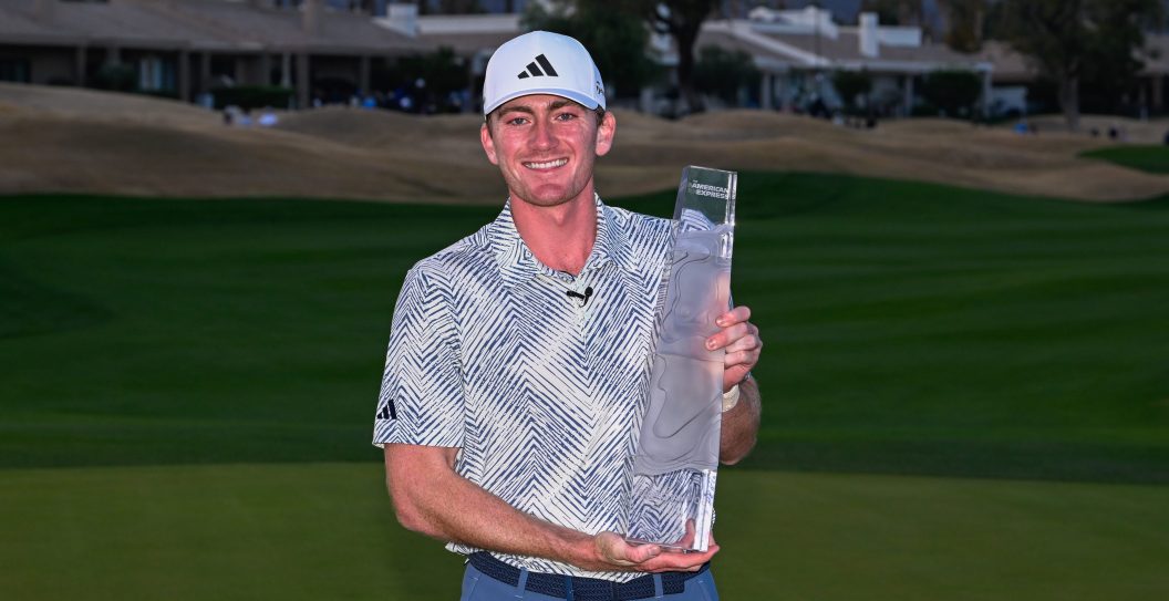 LA QUINTA, CA - JANUARY 21: Nick Dunlap (a) (USA) holds the trophy for winning The American Express tournament at PGA West, Dye Stadium Course on January 21, 2024 in La