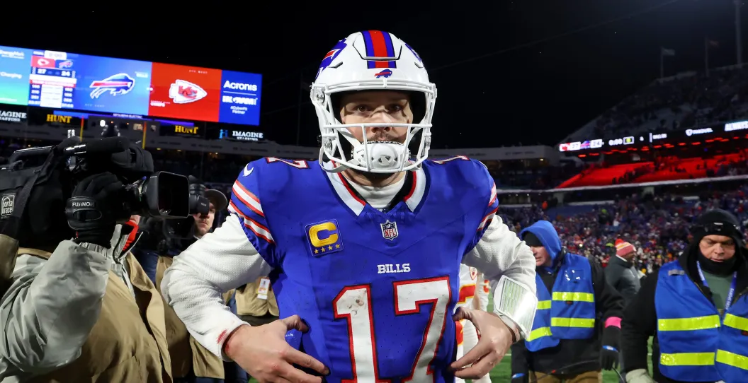 ORCHARD PARK, NEW YORK - JANUARY 21: Josh Allen #17 of the Buffalo Bills runs off the field after being defeated by the Kansas City Chiefs in the AFC Divisional Playoff game at Highmark Stadium on January 21, 2024 in Orchard Park, New York.