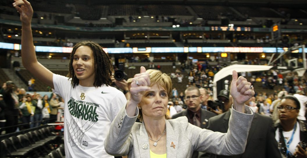 03 APR 2012: Brittney Griner (42) and Head Coach Kim Mulkey of Baylor University celebrate after defeating the University of Notre Dame during the Division I Women's Basketball Championship held at the Pepsi Center in Denver, CO. Baylor defeated Notre Dame 80-61 to win the national title.