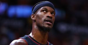 Jimmy Butler looks up to the crowd during a game.