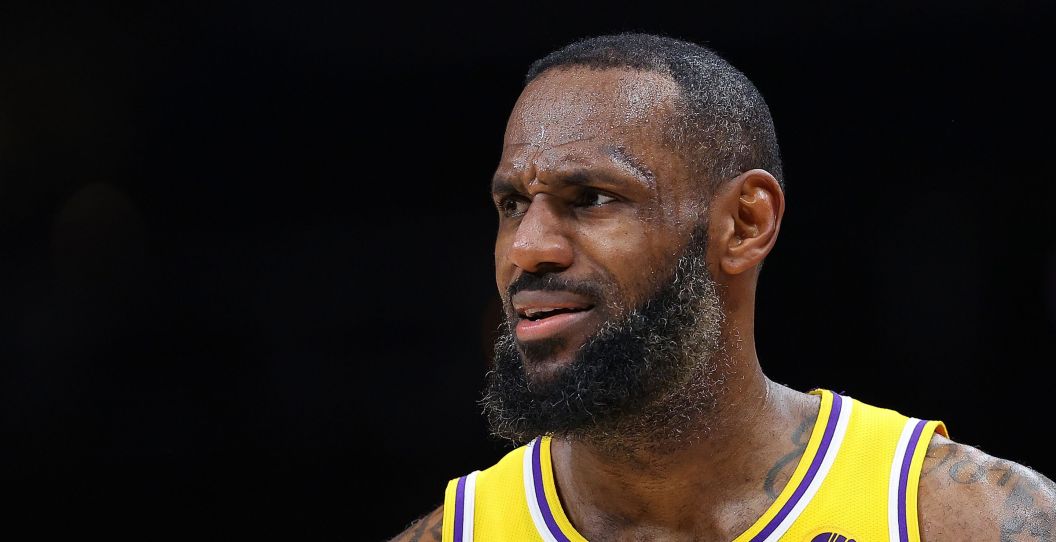LeBron James looks puzzled during a Lakers game.