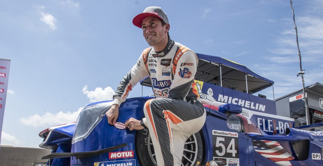 BOWMANVILLE, ONTARIO - JULY 06: Colin Braun celebrates after winning the pole position during qualifying for the Mobil 1 Sportscar Grand Prix IMSA WeatherTech Series race at Canadian Tire Motorsport Park, on July 6, 2019 in Bowmanville, Ontario.