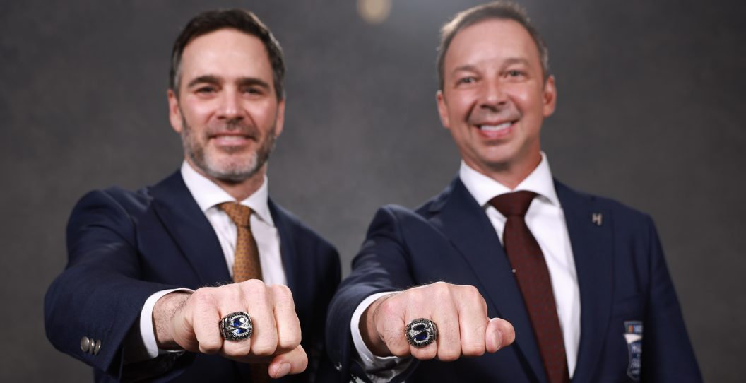 CHARLOTTE, NORTH CAROLINA - JANUARY 19: NASCAR Hall of Fame inductees Jimmie Johnson(L) and Chad Knaus pose for a photo following the NASCAR Hall of Fame Induction Ceremony at Charlotte Convention Center on January 19, 2024 in Charlotte, North Carolina.