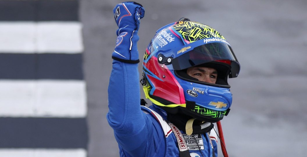 MARTINSVILLE, VIRGINIA - APRIL 16: Kyle Larson, driver of the #5 HendrickCars.com Chevrolet, celebrates after winning the NASCAR Cup Series NOCO 400 at Martinsville Speedway on April 16, 2023 in Martinsville, Virginia.