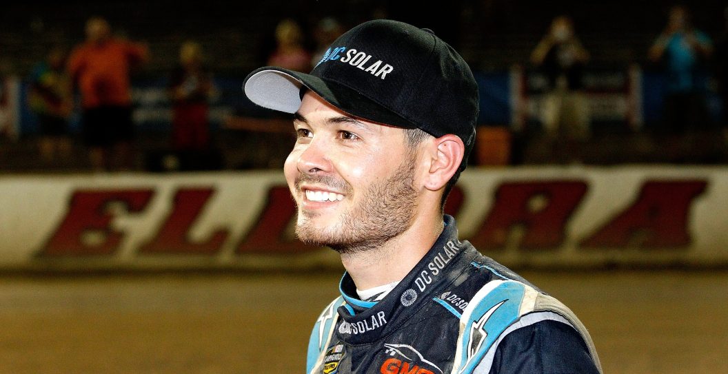 ROSSBURG, OH - JULY 20: Kyle Larson, driver of the #24 DC Solar Chevrolet, poses for a picture after winning the NASCAR Camping World Series 4th Annual Aspen Dental Eldora Dirt Derby 150, at Eldora Speedway on July 20, 2016 in Rossburg, Ohio.