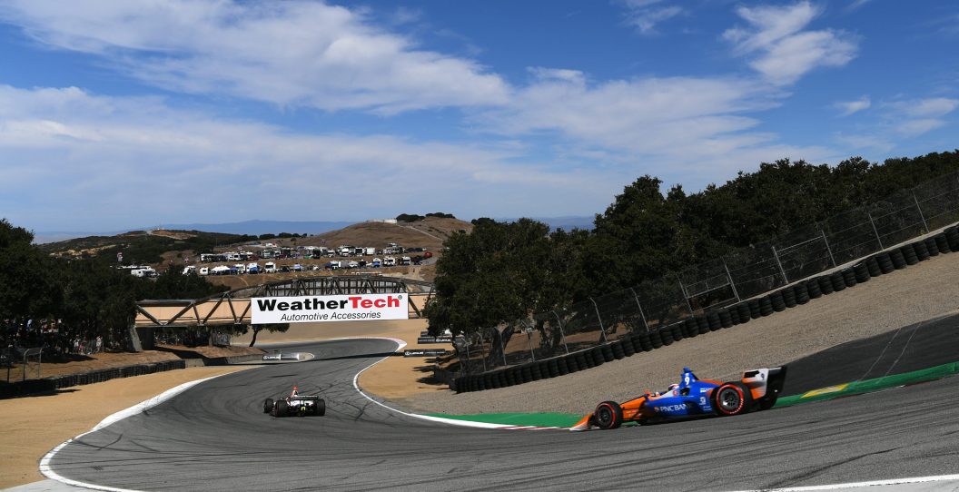 MONTEREY, CALIFORNIA - SEPTEMBER 22: Colton Herta #88 of United States and Capstone Turbine Honda leads Scott Dixon #9 of New Zealand and PNC Bank Chip Ganassi Racing Honda during the NTT IndyCar Series Firestone Grand Prix of Monterey at WeatherTech Raceway Laguna Seca on September 22, 2019 in Monterey, California.