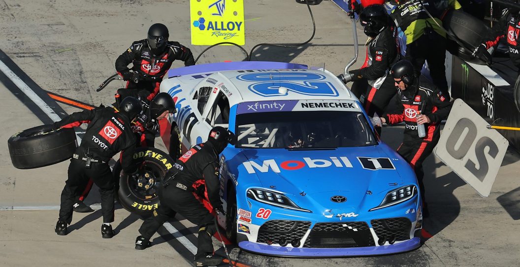 MARTINSVILLE, VIRGINIA - OCTOBER 28: John Hunter Nemechek, driver of the #20 Mobil 1 Toyota, pits during the NASCAR Xfinity Series Dead On Tools 250 at Martinsville Speedway on October 28, 2023 in Martinsville, Virginia.