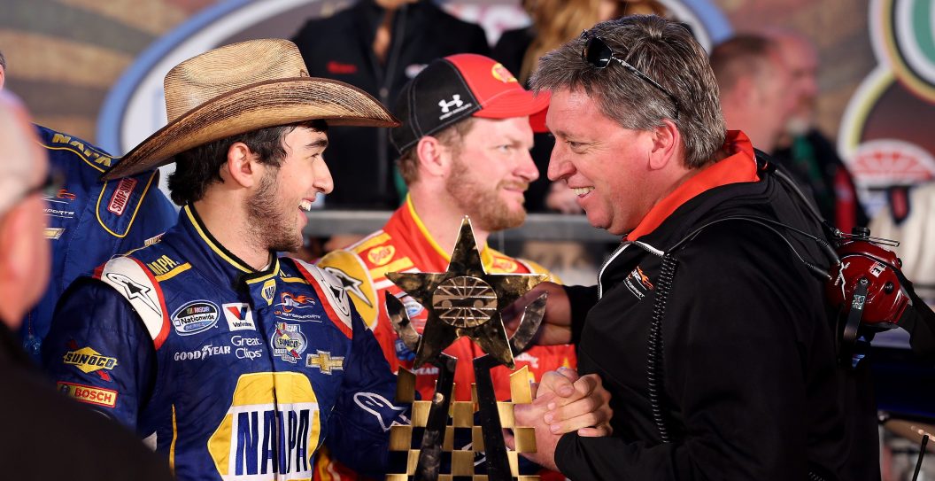FORT WORTH, TX - APRIL 04: Chase Elliott, driver of the #9 NAPA Auto Parts Chevrolet, celebrates in Victory Lane with Ryan Pemberton after winning the NASCAR Nationwide Series O'Reilly Auto Parts 300 at Texas Motor Speedway on April 4, 2014 in Fort Worth, Texas.