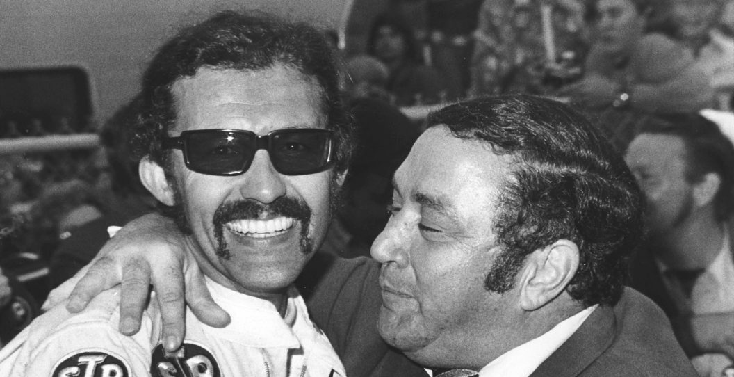 DAYTONA BEACH, FL - FEBRUARY 18, 1973: Richard Petty celebrates his 4th Daytona 500 win with his sponsor Andy Granatelli.