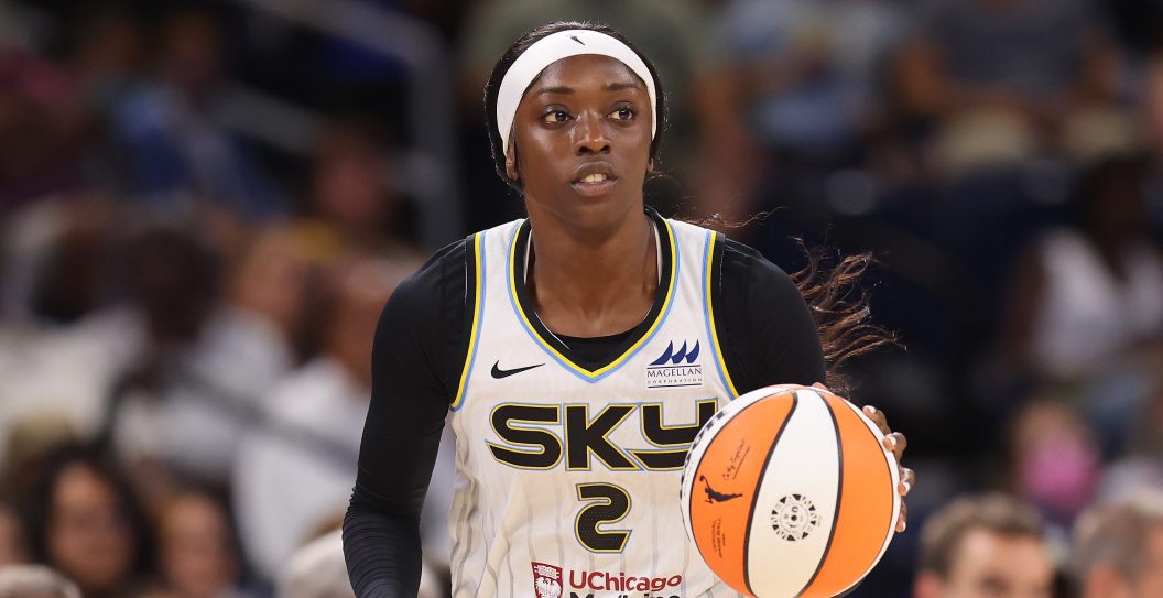 CHICAGO, ILLINOIS - AUGUST 02: Kahleah Copper #2 of the Chicago Sky dribbles up the court against the Dallas Wings during the second half at Wintrust Arena on August 02, 2022 in Chicago, Illinois.