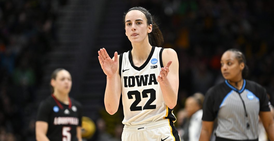 SEATTLE, WASHINGTON - MARCH 26: Caitlin Clark #22 of the Iowa Hawkeyes reacts during the fourth quarter of the game against the Louisville Cardinals in the Elite Eight round of the NCAA Women's Basketball Tournament at Climate Pledge Arena on March 26, 2023 in Seattle, Washington.