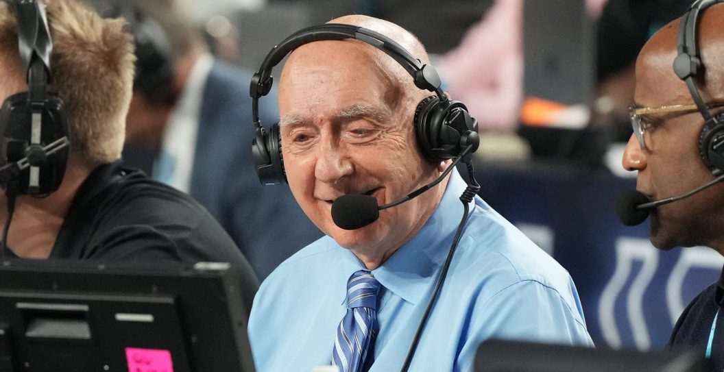 HOUSTON, TEXAS - APRIL 03: College basketball announcer Dick Vitale on air during the NCAA Men's Basketball Tournament Final Four championship game between the Connecticut Huskies and the San Diego State Aztecs at NRG Stadium on April 03, 2023 in Houston, Texas.