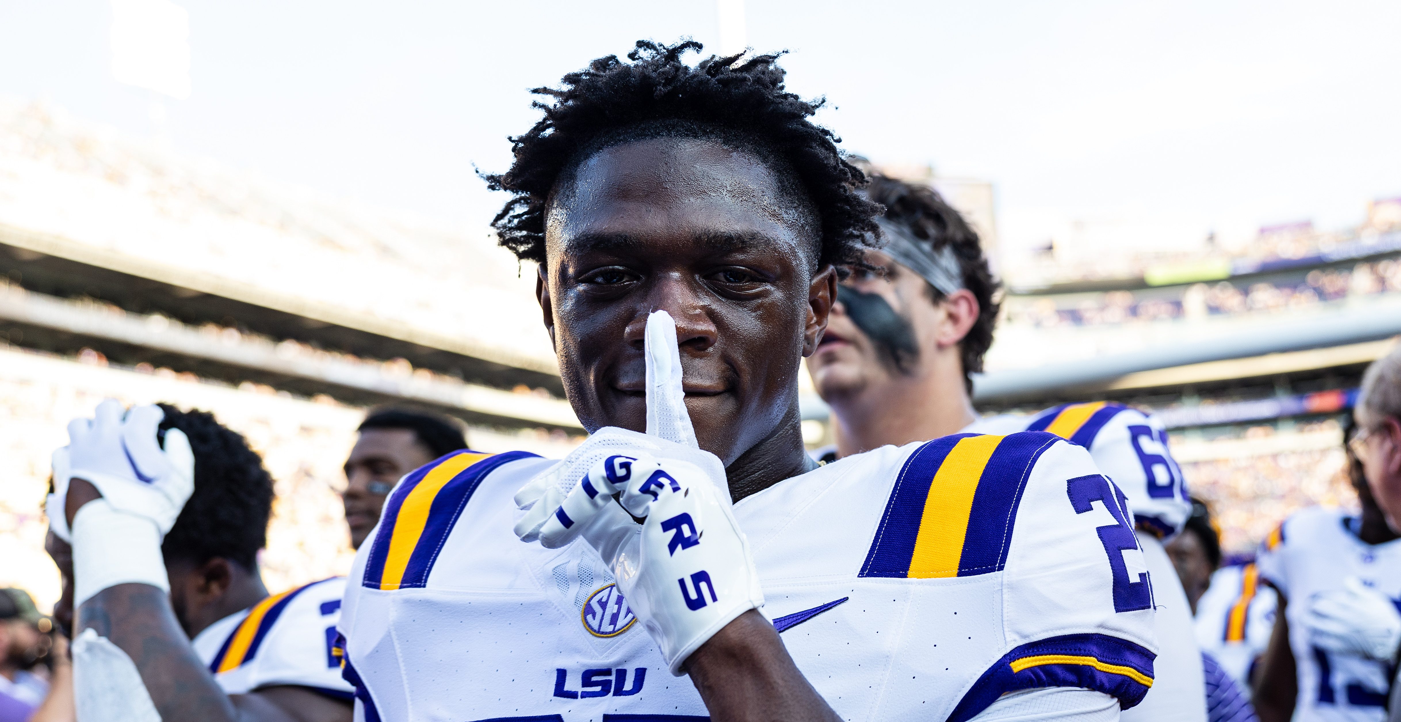 BATON ROUGE, LA - SEPTEMBER 09: LSU Tigers running back Trey Holly (25) before a game between the LSU Tigers and the Grambling State Tigers at Tiger Stadium in Baton Rouge, Louisiana on September 9, 2023.