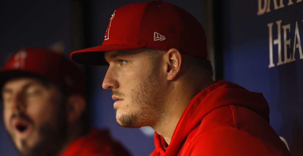 ST PETERSBURG, FLORIDA - SEPTEMBER 19: Mike Trout #27 of the Los Angeles Angels looks on during a game against the Tampa Bay Rays at Tropicana Field on September 19, 2023 in St Petersburg, Florida.