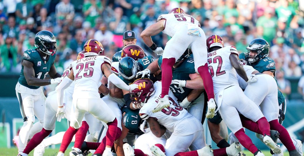 PHILADELPHIA, PA - OCTOBER 01: Philadelphia Eagles run the tush push for a first down during the game between the Philadelphia Eagles and the Washington Commanders on October 1, 2023, at Lincoln Financial Field.