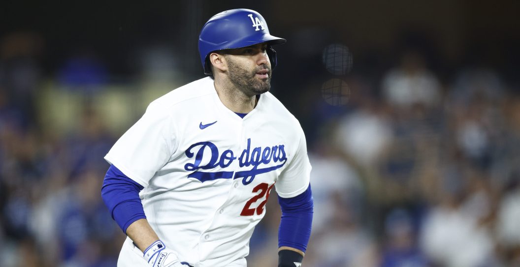 LOS ANGELES, CALIFORNIA - OCTOBER 09: J.D. Martinez #28 of the Los Angeles Dodgers hits a solo home run against the Arizona Diamondbacks during the fourth inning in Game Two of the Division Series at Dodger Stadium on October 09, 2023 in Los Angeles, California.