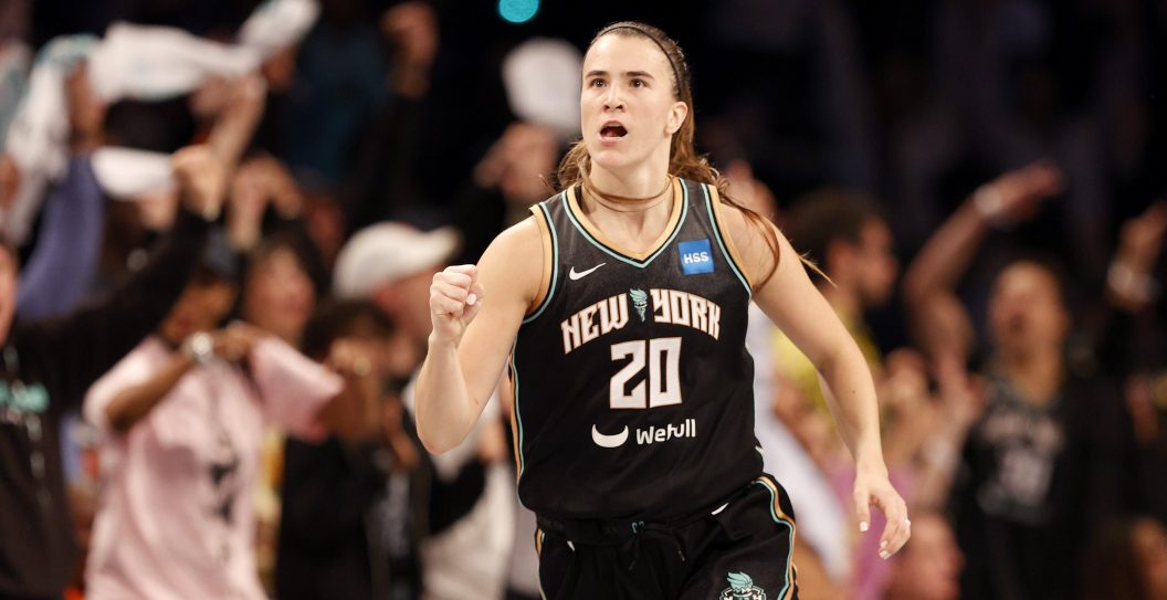 NEW YORK, NEW YORK - OCTOBER 18: Sabrina Ionescu #20 of the New York Liberty reacts in the fourth quarter against the Las Vegas Aces during Game Four of the 2023 WNBA Finals at Barclays Center on October 18, 2023 in New York City.