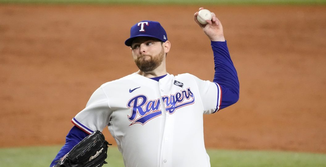 ARLINGTON, TEXAS - OCTOBER 28: Jordan Montgomery #52 of the Texas Rangers pitches in the third inning against the Arizona Diamondbacks during Game Two of the World Series at Globe Life Field on October 28, 2023
