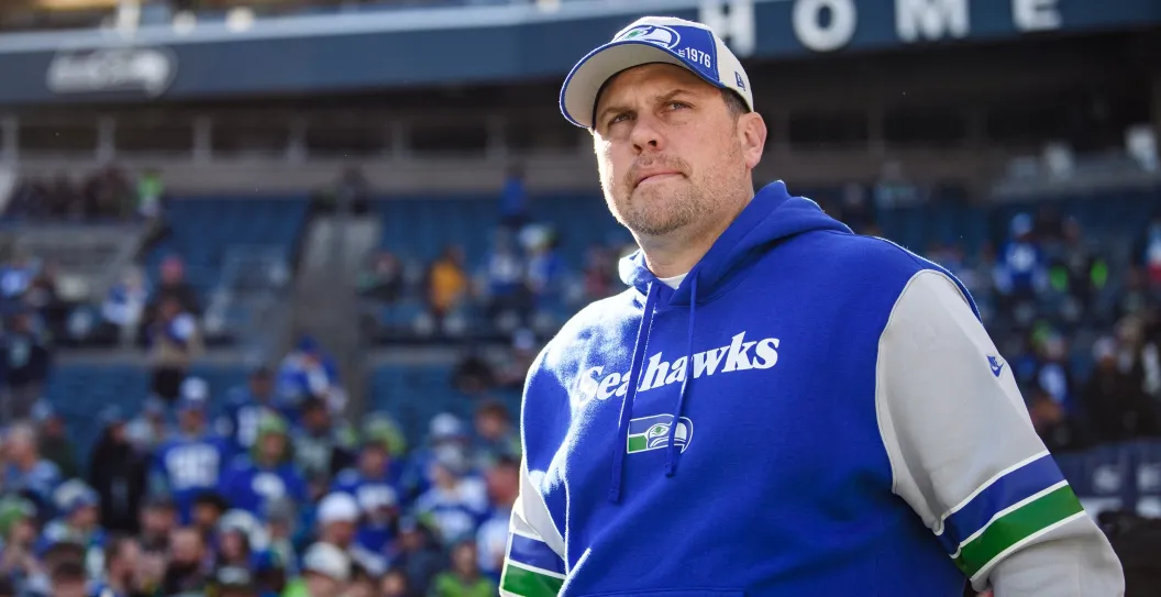 SEATTLE, WASHINGTON - OCTOBER 29: Offensive Coordinator Shane Waldron of the Seattle Seahawks before the game against the Cleveland Browns at Lumen Field on October 29, 2023 in Seattle, Washington.
