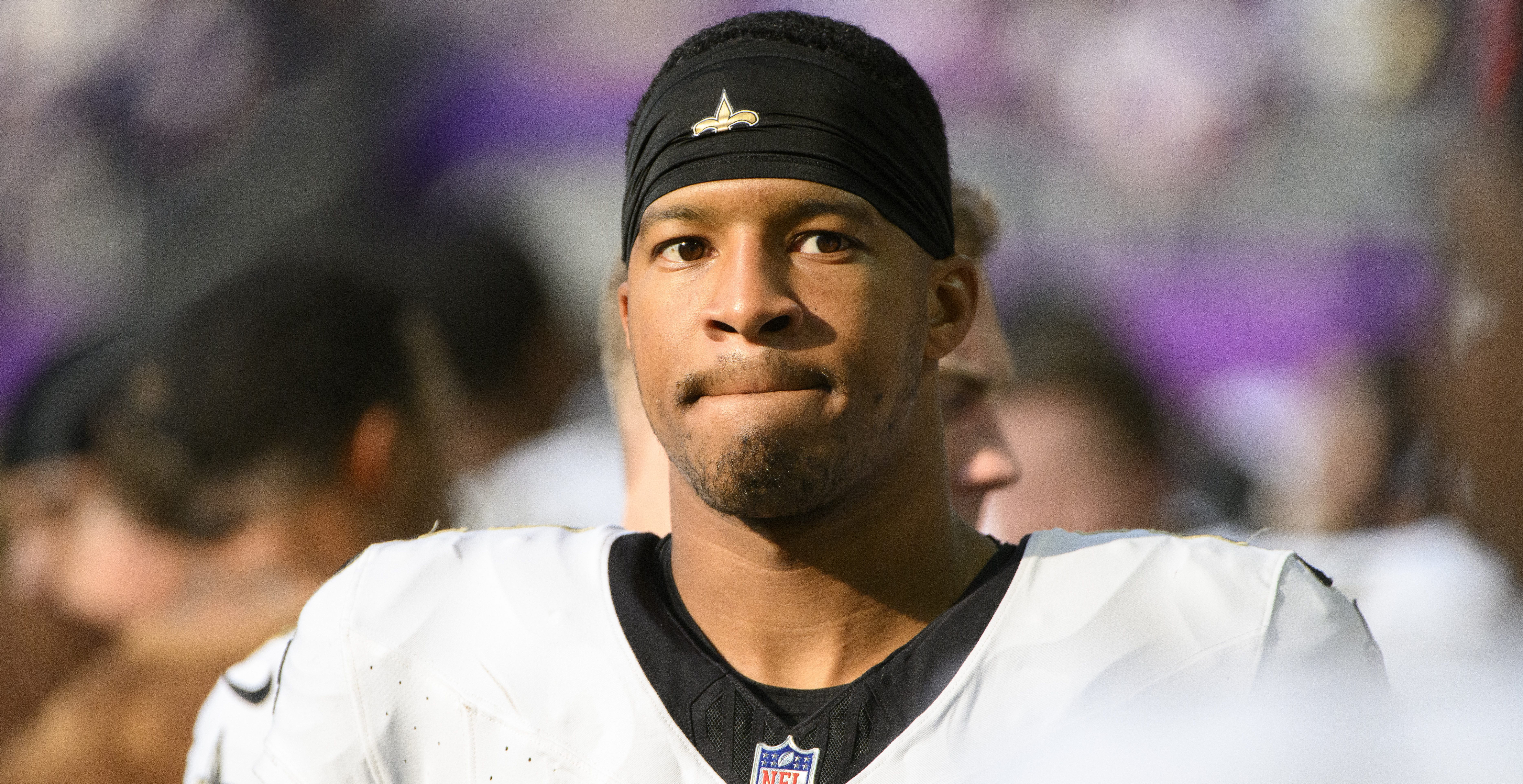 MINNEAPOLIS, MINNESOTA - NOVEMBER 12: Jameis Winston #2 of the New Orleans Saints greets teammates before the game against the Minnesota Vikings at U.S. Bank Stadium on November 12, 2023 in Minneapolis, Minnesota.