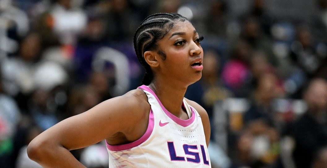 BALTIMORE, MARYLAND - DECEMBER 20: Angel Reese #10 of the LSU Lady Tigers rests during a break in the game against the Coppin State Eagles at Coppin State University on December 20, 2023 in Baltimore, Maryland.