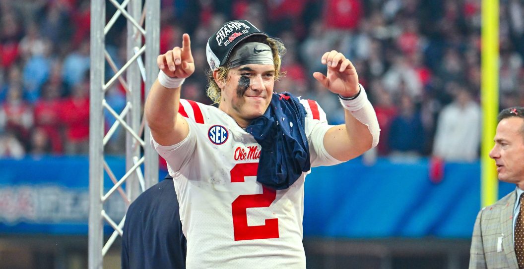 ATLANTA, GA DECEMBER 30: Ole Miss quarterback Jaxson Dart (2) reacts following the conclusion of the Chick-fil-A Peach Bowl game between the Ole Miss Rebels and the Penn State Nittany Lions on December 30th, 2023 at Mercedes-Benz Stadium in Atlanta, GA.