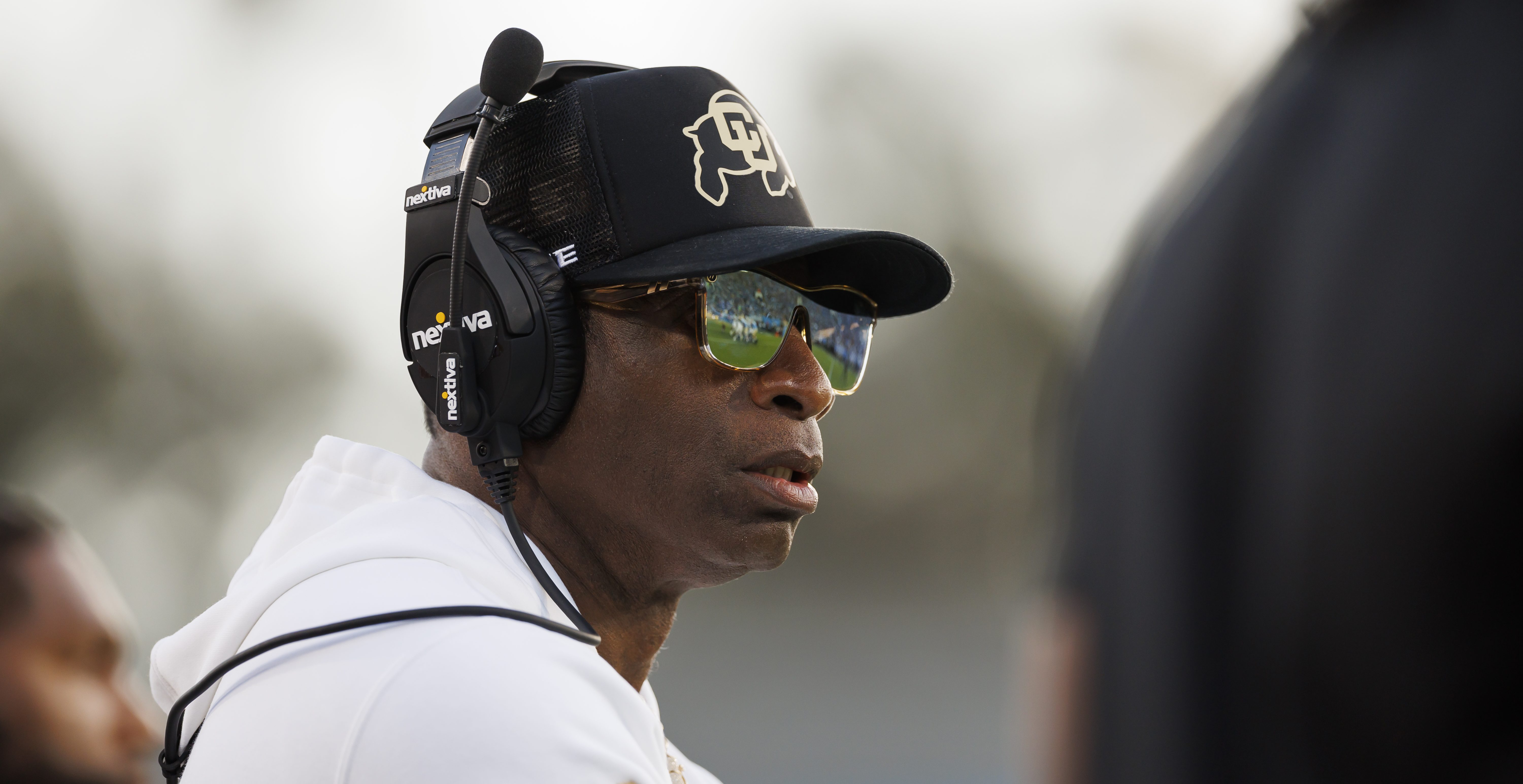 PASADENA, CALIFORNIA - OCTOBER 28: Head coach Deion Sanders of the Colorado Buffaloes looks on from the sideline during the first half of a game against the UCLA Bruins at Rose Bowl Stadium on October 28, 2023 in Pasadena, California.