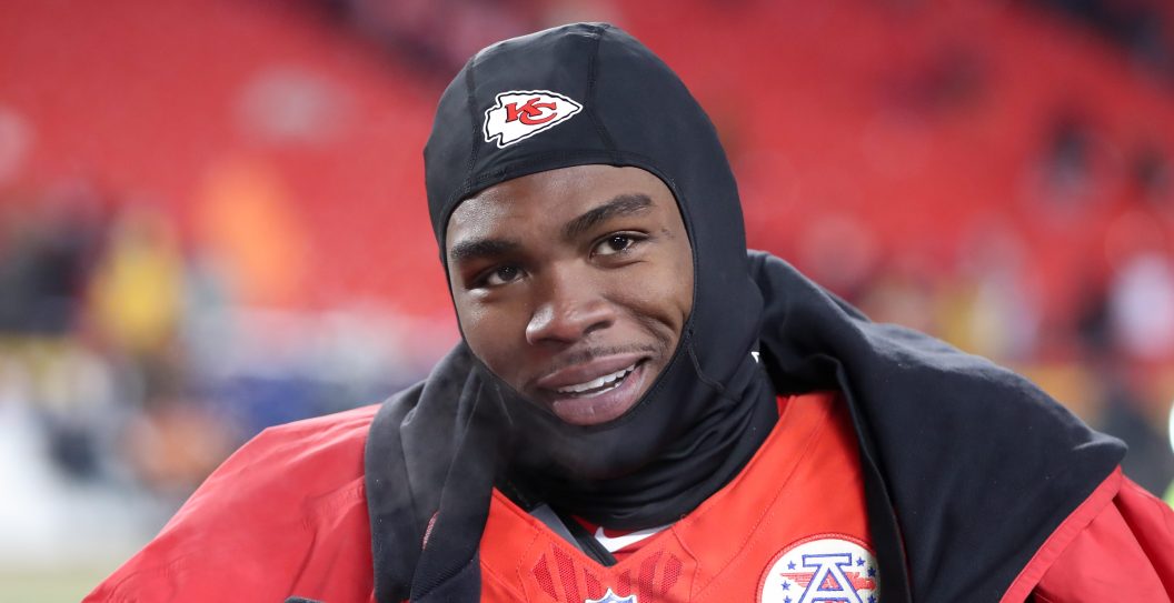 KANSAS CITY, MO - JANUARY 13: Kansas City Chiefs wide receiver Rashee Rice (4) is interviewed after an AFC Wild Card playoff game between the Miami Dolphins and Kansas City Chiefs on Jan 13, 2024 at GEHA Field at Arrowhead Stadium in Kansas City, MO.