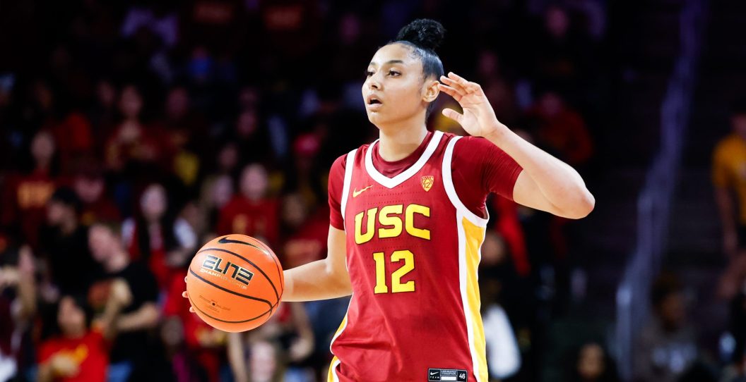 LOS ANGELES, CA - JANUARY 14: USC Trojans guard JuJu Watkins (12) handles the ball down the court against the UCLA Bruins during the second half at Galen Center in Los Angeles on Sunday, Jan. 14, 2024.