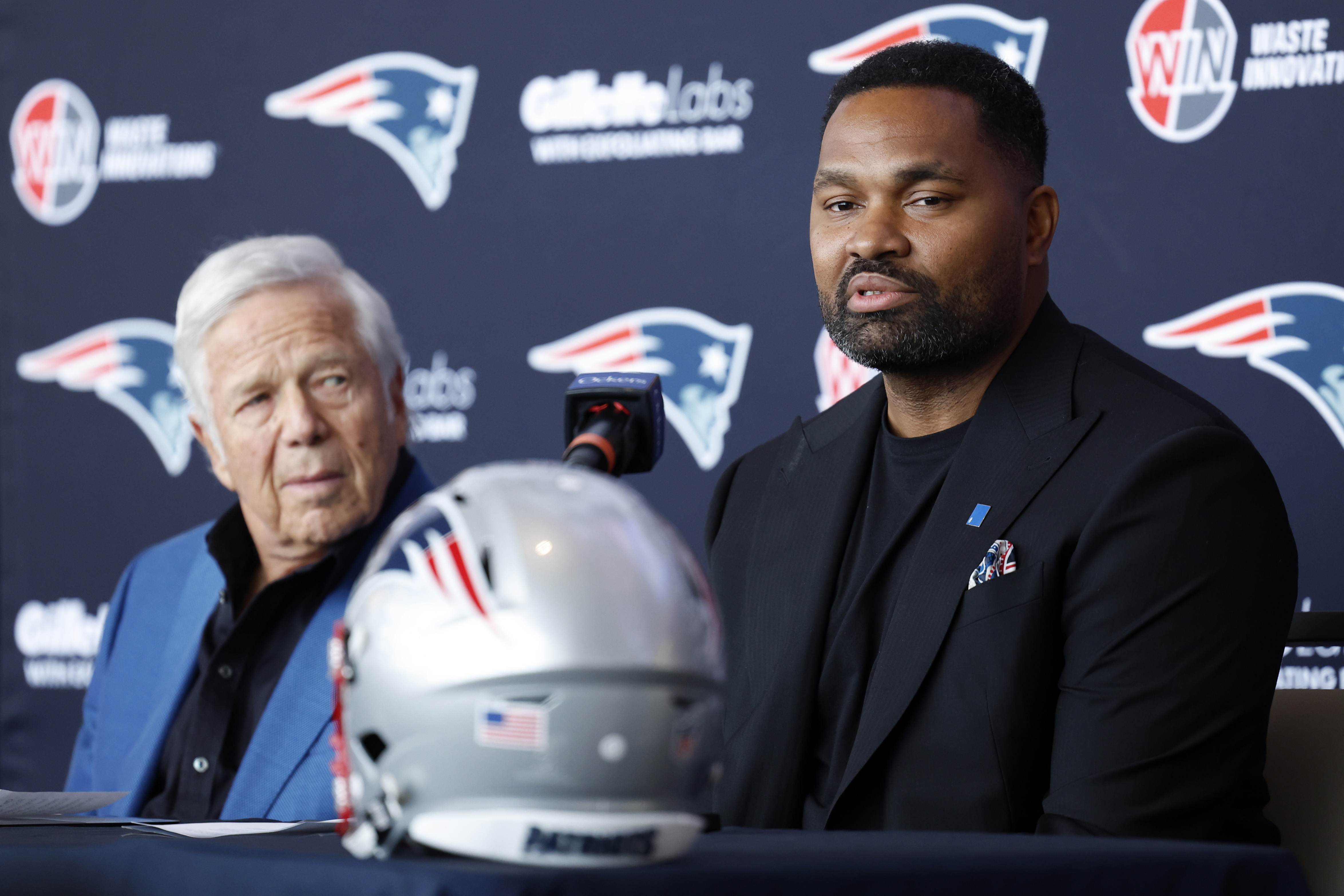 Foxborough, MA - January 17: New England Patriots head coach Jerod Mayo, right, speaks during his introductory press conference with owner Robert Kraft at Gillette Stadium. (