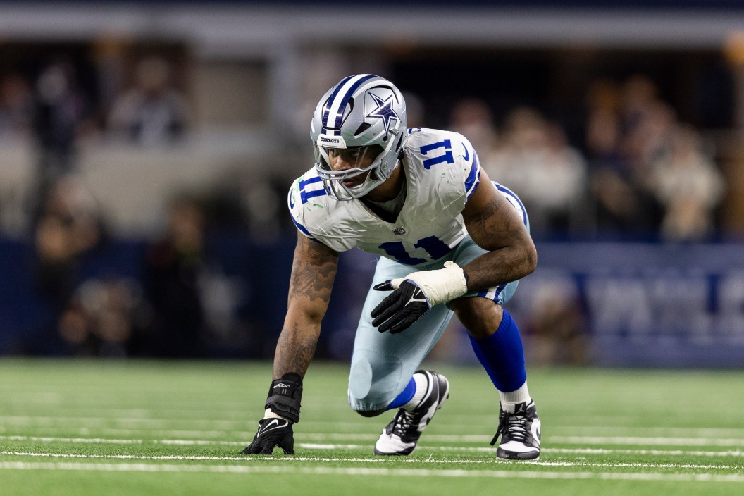 ARLINGTON, TEXAS - JANUARY 14: Micah Parsons #11 of the Dallas Cowboys lines up during an NFL wild-card playoff football game between the Dallas Cowboys and the Green Bay Packers at AT&T Stadium on January 14, 2024 in Arlington, Texas.