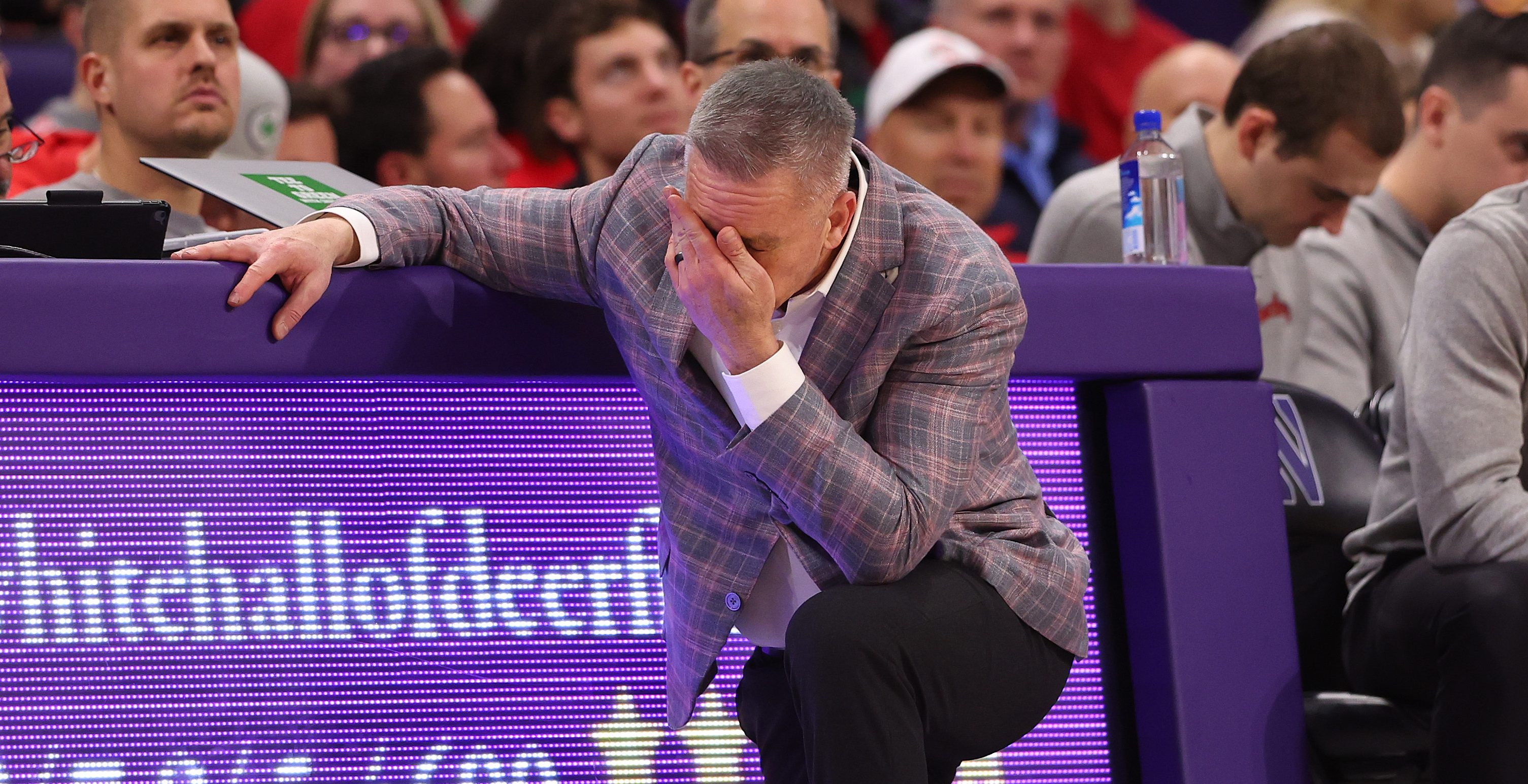 EVANSTON, ILLINOIS - JANUARY 27: Head coach Chris Holtmann of the Ohio State Buckeyes reacts against the Northwestern Wildcats during the second half at Welsh-Ryan Arena on January 27, 2024 in Evanston, Illinois.