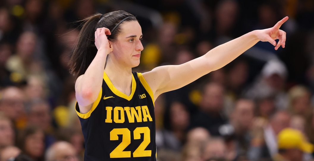 EVANSTON, ILLINOIS - JANUARY 31: Caitlin Clark #22 of the Iowa Hawkeyes directs her teammates against the Northwestern Wildcats during the second half at Welsh-Ryan Arena on January 31, 2024 in Evanston, Illinois.