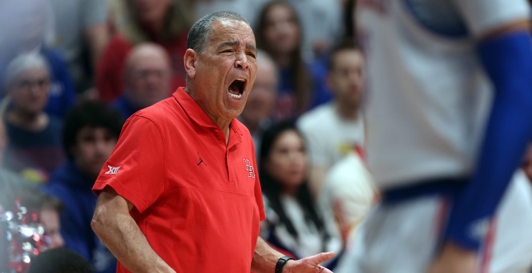 LAWRENCE, KANSAS - FEBRUARY 03: Head coach Kelvin Sampson of the Houston Cougars reacts on the bench during the first half of the game against the Kansas Jayhawks at Allen Fieldhouse on February 03, 2024 in Lawrence, Kansas.