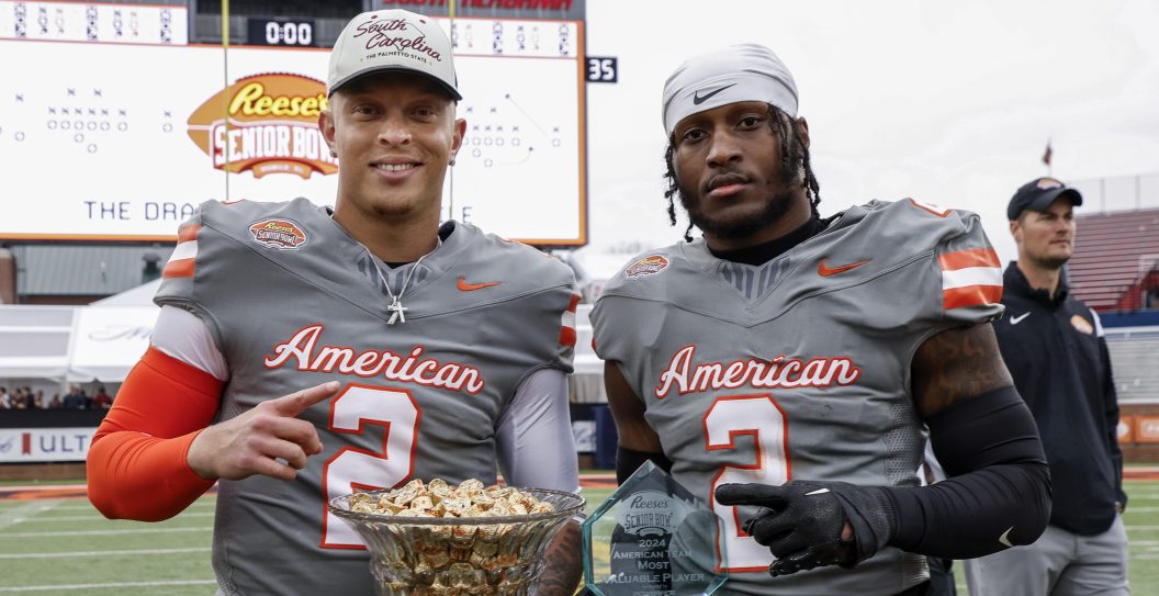 MOBILE, AL - FEBRUARY 03: Quarterback Spencer Rattler #2 of South Carolina and Defensive Back Tykee Smith #2 of Georgia from the American Team pose with their awards after the 2024 Reese's Senior Bowl at Hancock Whitney Stadium on the campus of the University of South Alabama on February 3, 2024 in Mobile, Alabama. Rattler was named the game's MVP and Smith was named American Team Most Valuable Player. The National Team defeated the American Team 16 to 7.