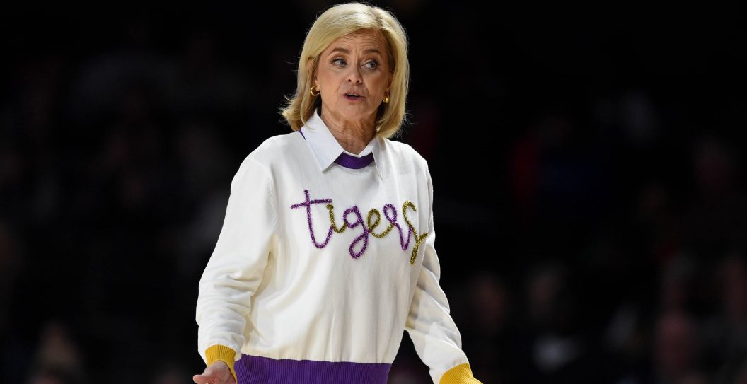 NASHVILLE, TENNESSEE - FEBRUARY 8: Head coach Kim Mulkey of the LSU Lady Tigers talks to a referee against the Vanderbilt Commodores in the second half at Vanderbilt University Memorial Gymnasium on February 8, 2024 in Nashville, Tennessee.
