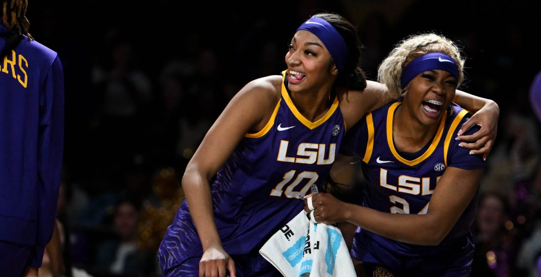 NASHVILLE, TENNESSEE - FEBRUARY 8: Angel Reese #10 and Aneesah Morrow #24 of the LSU Lady Tigers celebrate their win against the Vanderbilt Commodores at Vanderbilt University Memorial Gymnasium on February 8, 2024 in Nashville, Tennessee.