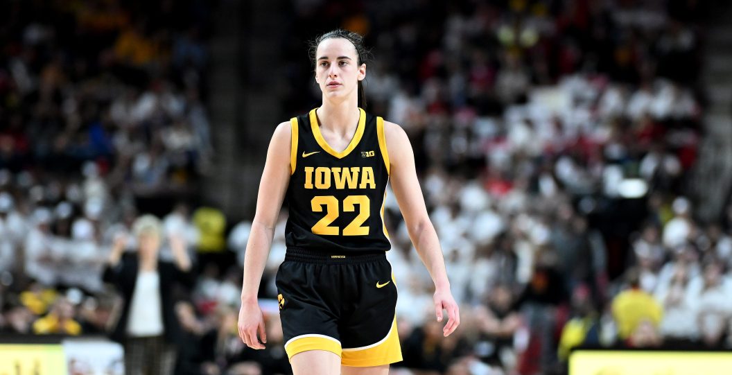 COLLEGE PARK, MARYLAND - FEBRUARY 03: Caitlin Clark #22 of the Iowa Hawkeyes walks down the court during the game against the Maryland Terrapins at Xfinity Center on February 03, 2024 in College Park, Maryland.