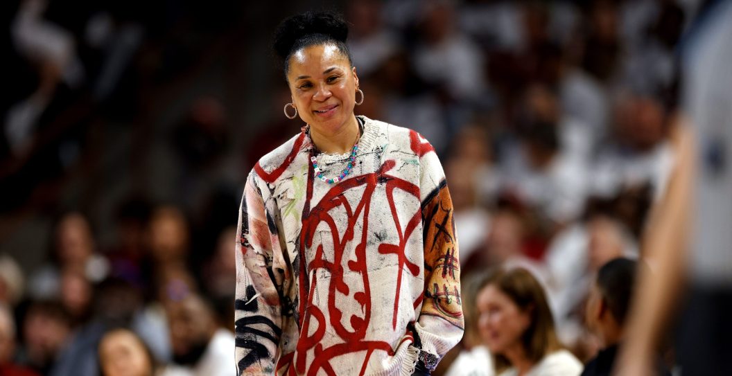 COLUMBIA, SOUTH CAROLINA - FEBRUARY 11: Head coach Dawn Staley of the South Carolina Gamecocks reacts following a foul call against her team during the game against the UConn Huskies at Colonial Life Arena on February 11, 2024 in Columbia, South Carolina. SC won 83-65.