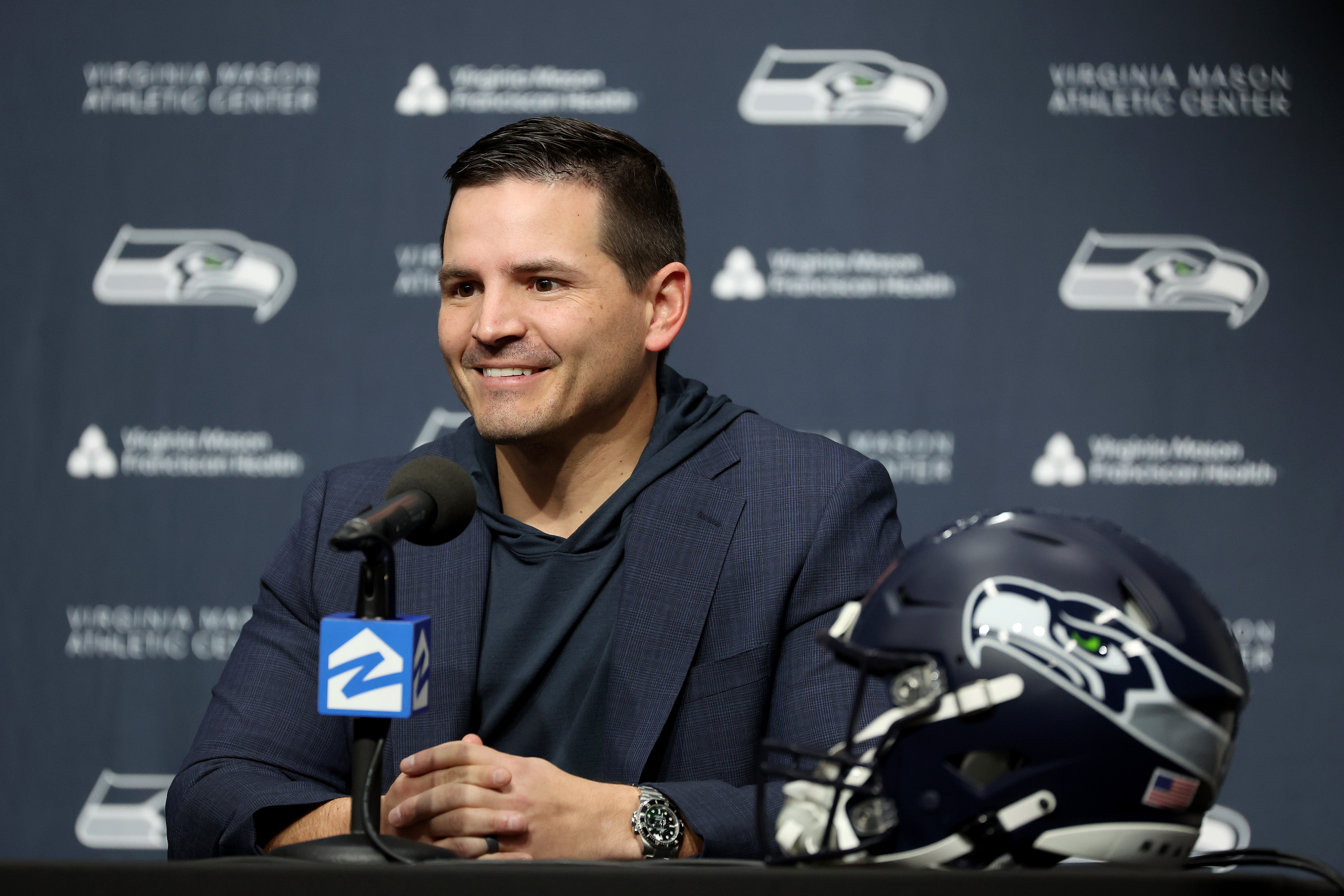 RENTON, WASHINGTON - FEBRUARY 01: Mike Macdonald as Macdonald speaks to the media as he is named the new head coach of the Seattle Seahawks at Virginia Mason Athletic Center on February 01, 2024 in 