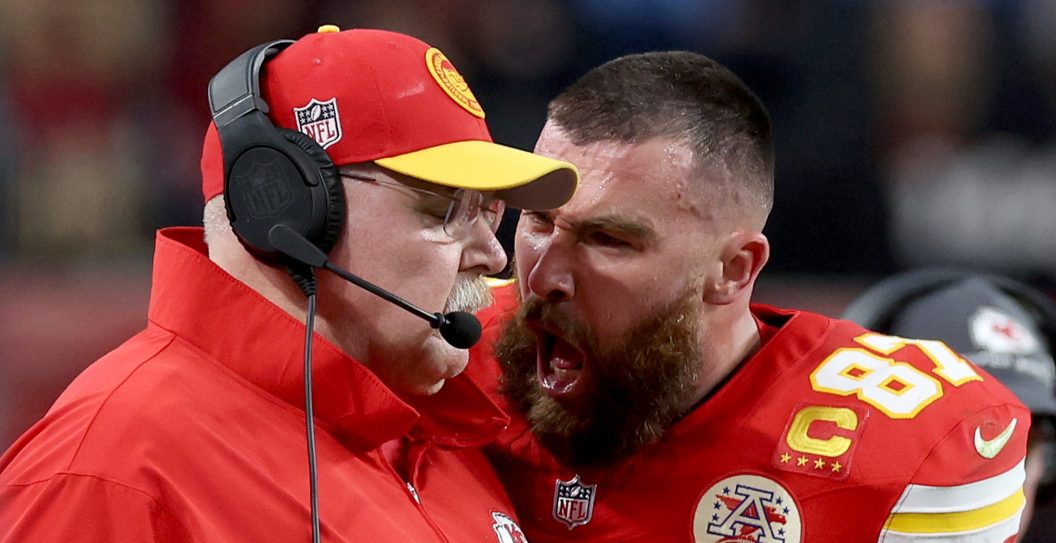 LAS VEGAS, NEVADA - FEBRUARY 11: Travis Kelce #87 of the Kansas City Chiefs reacts at Head coach Andy Reid in the first half against the San Francisco 49ers during Super Bowl LVIII at Allegiant Stadium on February 11, 2024 in Las Vegas, Nevada.