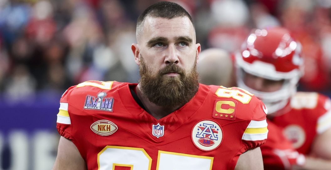 LAS VEGAS, NV - FEBRUARY 11: Travis Kelce #87 of the Kansas City Chiefs looks on prior to Super Bowl LVIII against the San Francisco 49ers at Allegiant Stadium on February 11, 2024 in Las Vegas, NV.