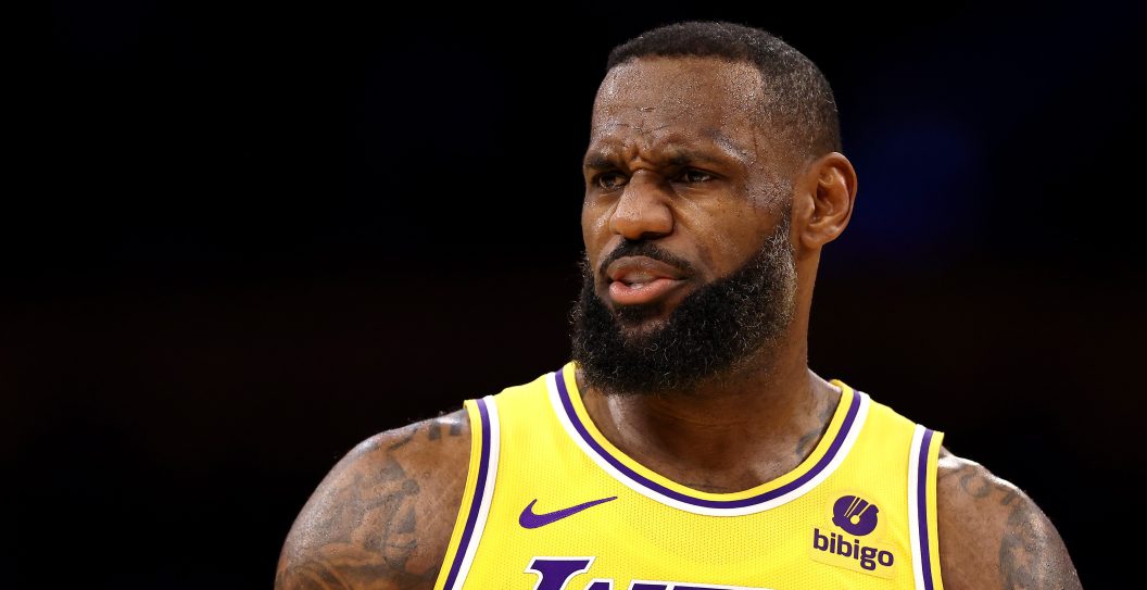 LOS ANGELES, CALIFORNIA - FEBRUARY 13: LeBron James #23 of the Los Angeles Lakers reacts to a play during the second quarter against the Detroit Pistons at Crypto.com Arena on February 13, 2024 in Los Angeles, California. NOTE TO USER: User expressly acknowledges and agrees that, by downloading and or using this photograph, user is consenting to the terms and conditions of the Getty Images License Agreement.