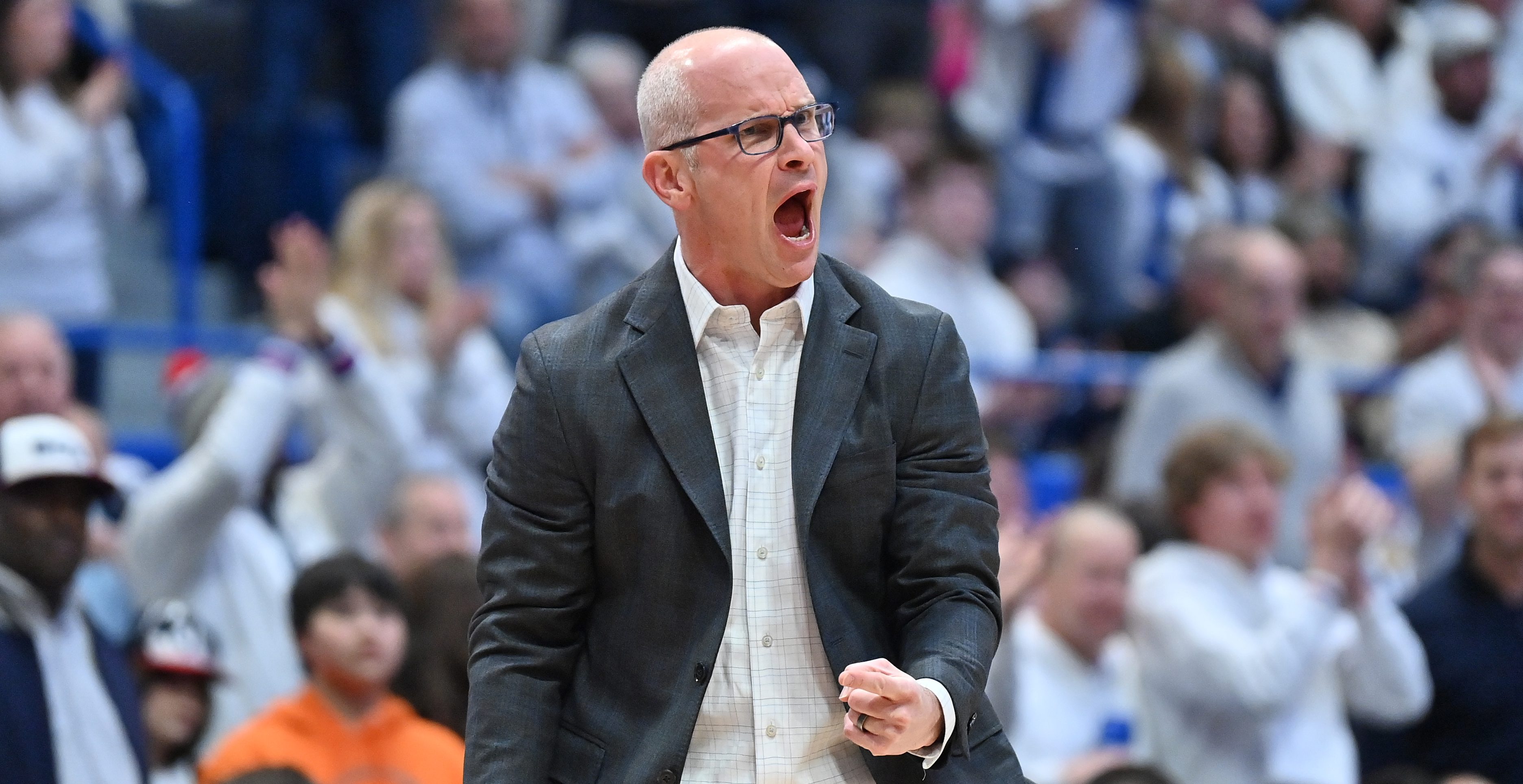 HARTFORD, CT - FEBRUARY 17: UConn Huskies head coach Dan Hurley reacts to a play during the game as the Marquette Golden Eagles take on the UConn Huskies on February 17, 2024 at the XL Center in Hartford, CT