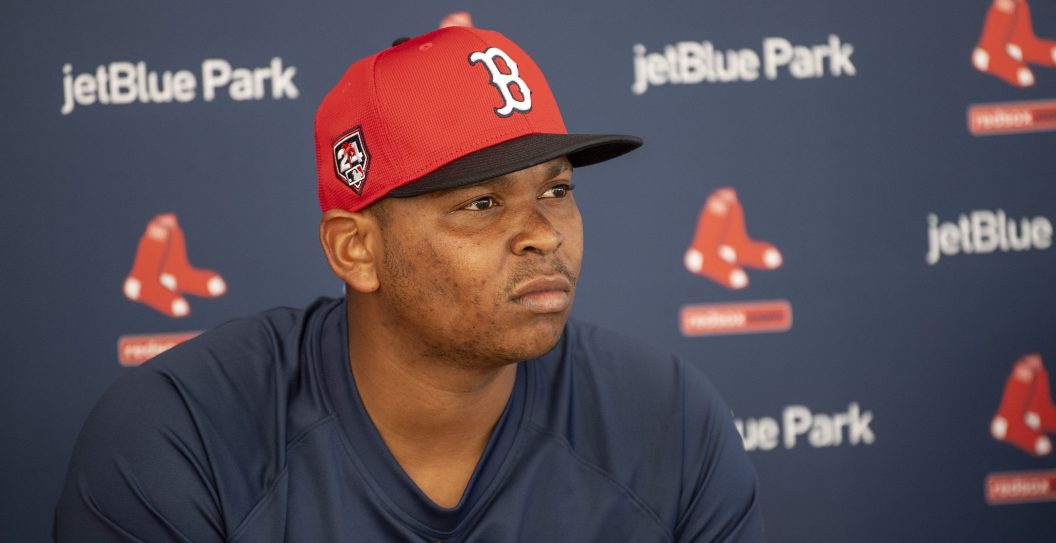 FORT MYERS, FLORIDA - FEBRUARY 20: Rafael Devers #11 of the Boston Red Sox speaks to the media during a team Spring Training workout at JetBlue Park at Fenway South on February 20, 2024 in Fort Myers, Florida.