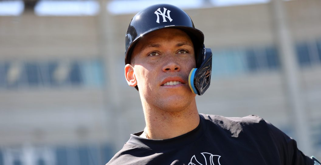 TAMPA, FL - FEBRUARY 20: Aaron Judge #99 of the New York Yankees looks on during spring training at George M. Steinbrenner Field on February 20, 2024 in Tampa, Florida.