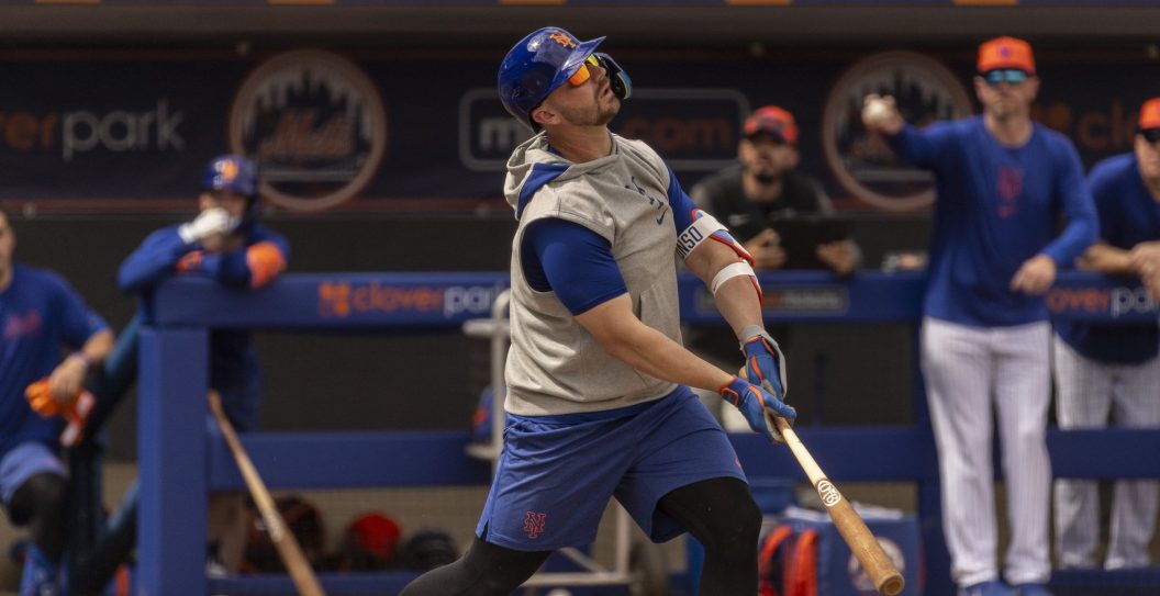 Port St. Lucie, FL: New York Mets infielder Pete Alonso during a spring training workout on Feb. 17, 2024 in Port St. Lucie, Florida.