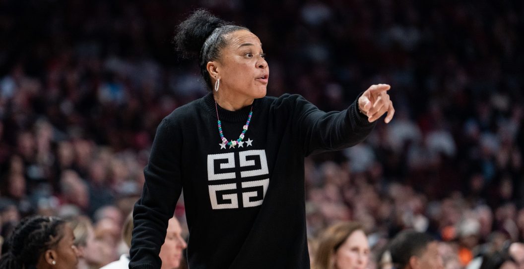 COLUMBIA, SOUTH CAROLINA - FEBRUARY 18: Head coach Dawn Staley of the South Carolina Gamecocks looks on in the fourth quarter during their game against the Georgia Lady Bulldogs at Colonial Life Arena on February 18, 2024 in Columbia, South Carolina.